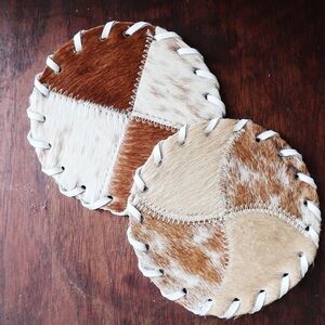 Handcrafted Brown and Cream Cowhide Coasters – Natural Home Accents - Pair